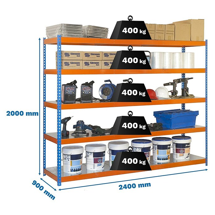 Simonrack Simonforte Estantería para cargas pesadas Metal (Al x An x Pr: 200 x 240 x 90 cm, Capacidad de carga por balda: 600 kg, Número de baldas: 5 ud., Inserción, Azul/Naranja) | BAUHAUS