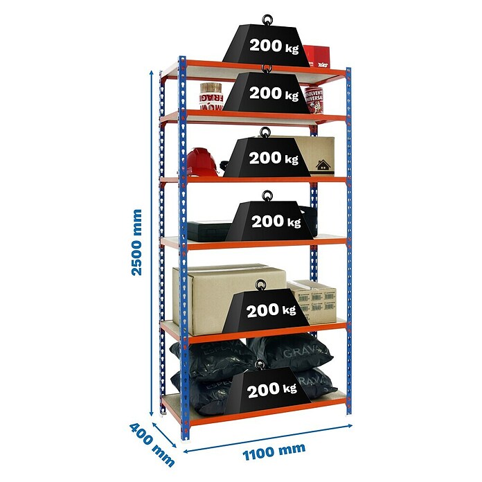Simonrack Maderclick Metallregal Maderclick SuperPlus (H x B x T: 250 x 110 x 40 cm, Traglast pro Boden: 200 kg, Anzahl Böden: 6 Stk., Stecken, Blau/Orange) | BAUHAUS