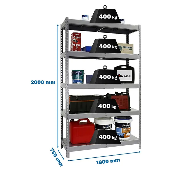 Simonrack Simontaller Schwerlastregal Ecoforte Metall - H x B x T: 200 x 180 x 75 cm, Traglast pro Boden: 400 kg, Anzahl Böden: 5 Stk., Stecken, Silber - Ein Regal mit fünf Ebenen, beladen mit verschiedenen Gegenständen und Gewichten, die die Traglast von 400 kg pro Ebene demonstrieren.