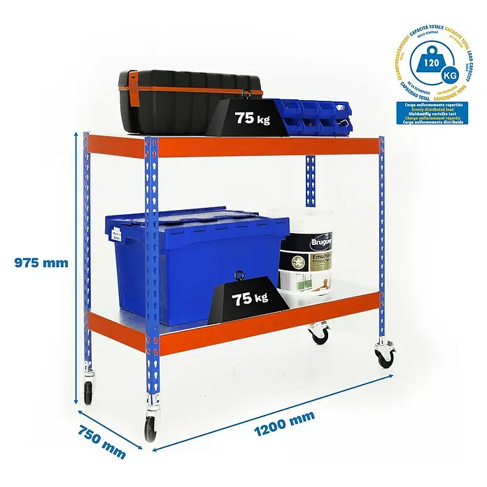 Simonrack Simontaller Metallregal Ecoforte Metall Mobil - H x B x T: 97,5 x 120 x 75 cm, Traglast pro Boden: 75 kg, Anzahl Böden: 2 Stk., Stecken, Blau/Orange, Rollen - Abbildung eines blauen und orangefarbenen Rollwagens mit zwei Ablagen.