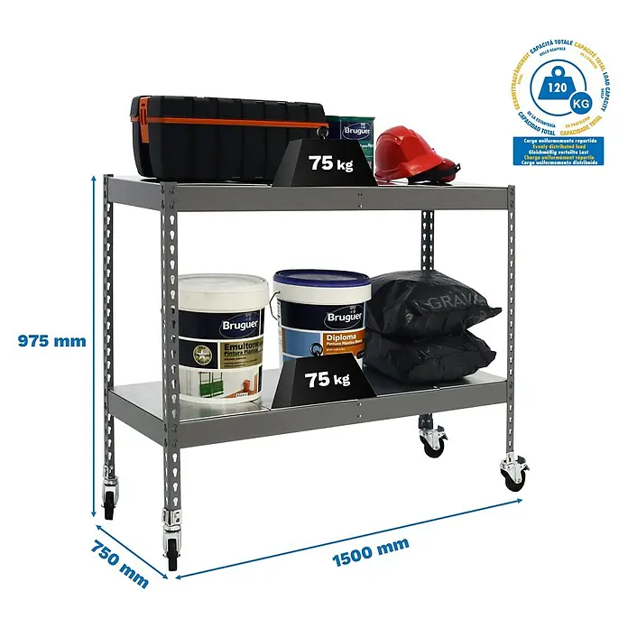 Simonrack Simontaller Metallregal Ecoforte Metall Mobil - H x B x T: 97,5 x 150 x 75 cm, Traglast pro Boden: 75 kg, Anzahl Böden: 2 Stk., Stecken, Grau, Rollen - Ein beladener Montagewagen mit den Maßen 975 x 750 x 1500 mm, inklusive Farbeimer und Werkzeugkasten.