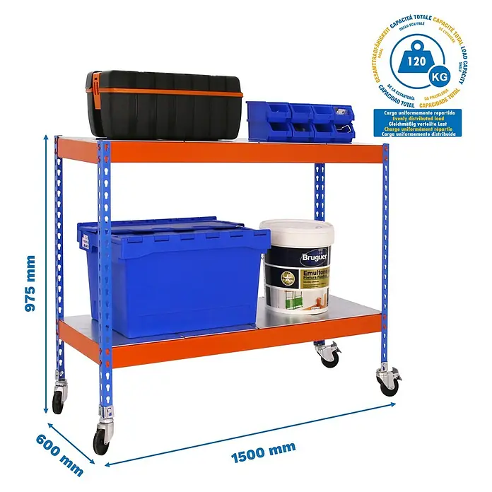 Simonrack Simontaller Metallregal Ecoforte Metall Mobil - H x B x T: 97,5 x 150 x 60 cm, Traglast pro Boden: 75 kg, Anzahl Böden: 2 Stk., Stecken, Blau/Orange, Rollen - Abbildung eines blauen und orangefarbenen Werkstattwagens mit zwei Regalböden, der Werkzeuge und Farbeimer trägt.