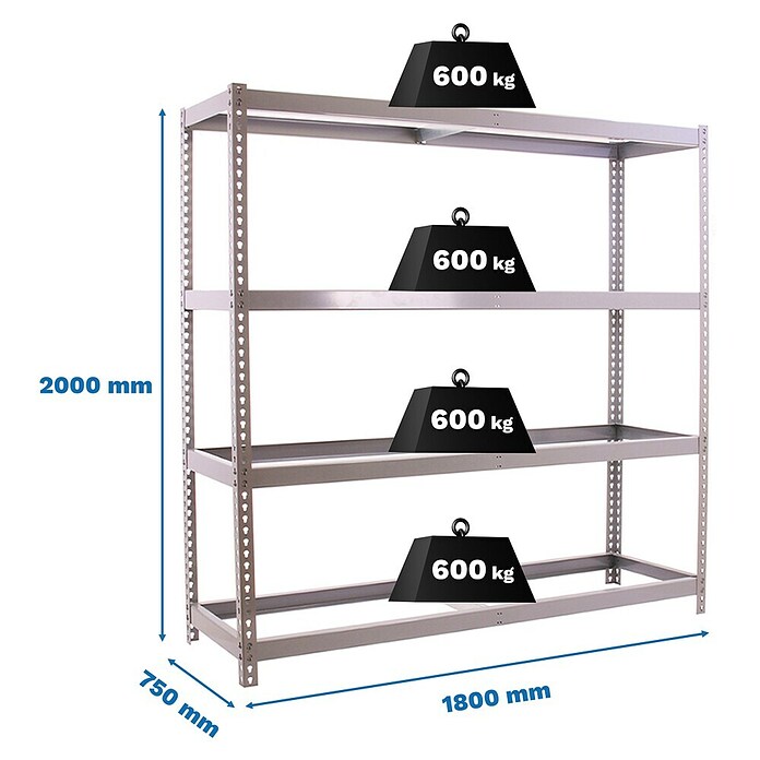 Simonrack Simonforte Estantería para cargas pesadas (Al x An x Pr: 200 x 180 x 75 cm, Número de baldas: 4 ud., Inserción, Galvanizado, Capacidad de carga por balda: 600 kg) | BAUHAUS
