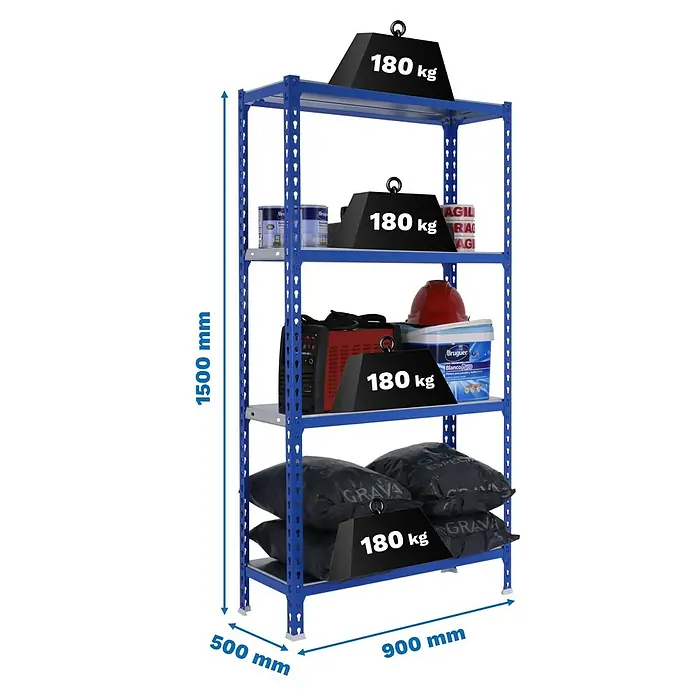 Simonrack Simonclick Metallregal Simonclick Plus - H x B x T: 150 x 90 x 50 cm, Traglast pro Boden: 180 kg, Anzahl Böden: 4 Stk., Stecken, Blau/Silber - Abbildung eines blauen Metallregals mit fünf Ebenen, das mit verschiedenen Gegenständen und Gewichten von 180 kg beladen ist.