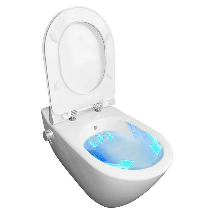 Temtasi Wand-Dusch-WC Mineral - Spülrandlos, Ohne Spezialglasur, Spülform: Tief, WC Abgang: Waagerecht, Weiß - Nahaufnahme einer weißen Wand-Toilette mit geöffnetem Deckel und blauen Pfeilen, die den Spülvorgang zeigen.