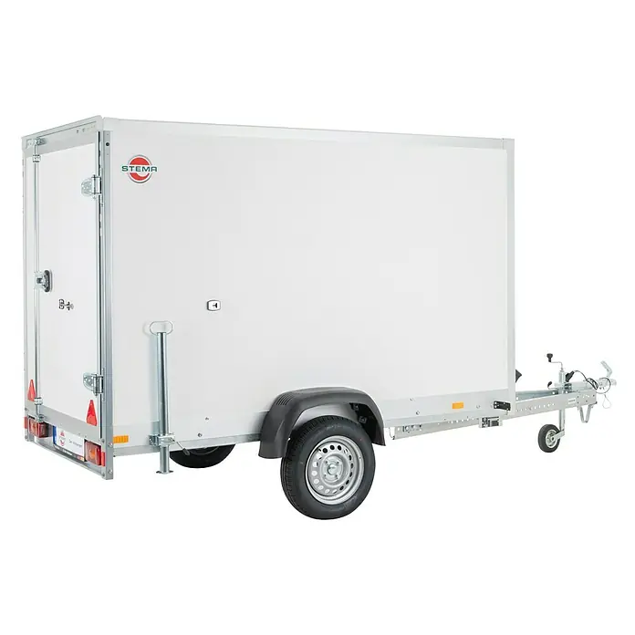 Stema Kofferanhänger P-Box 1300 - Nutzlast: 826 kg, Einachser, Kasteninnenmaß: 255 × 132 x 154 cm - Weißer Einachs-Kastenanhänger mit Hecktüren für sicheren Transport.