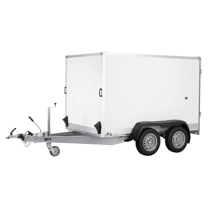 Stema Kofferanhänger P-Box 2000 - Nutzlast: 1.298 kg, Doppelachser, Kasteninnenmaß: 305 × 157 x 184 cm - Weißer Tandemachsen-Kofferanhänger mit Anhängerkupplung und Stützrad.