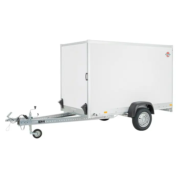 Stema Kofferanhänger P-Box 1300 - Nutzlast: 826 kg, Einachser, Kasteninnenmaß: 255 × 132 x 154 cm - Weißer Einachs-Kastenanhänger mit Seitentür und Anhängerkupplung.