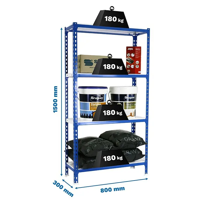 Simonrack Simonclick Metallregal Simonclick Mini - H x B x T: 150 x 80 x 30 cm, Traglast pro Boden: 180 kg, Anzahl Böden: 4 Stk., Stecken, Blau/Weiß - Vielseitiges Lagerregal mit vier Ebenen, belastbar bis 180 kg pro Ebene, ideal für Werkstatt, Garage oder Keller.