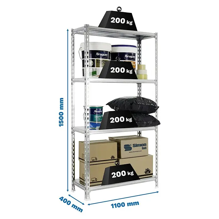 Simonrack Simonclick Metallregal Simonclick Super Plus - H x B x T: 150 x 110 x 40 cm, Traglast pro Boden: 200 kg, Anzahl Böden: 4 Stk., Stecken, Silber/Silber - Bild eines weißen Metallregals mit fünf Ablagen, beladen mit Farbeimern, Kissen und Kartons, das jeweils 200 kg trägt.