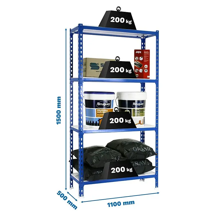 Simonrack Simonclick Metallregal Simonclick Super Plus - H x B x T: 150 x 110 x 50 cm, Traglast pro Boden: 200 kg, Anzahl Böden: 4 Stk., Stecken, Blau/Weiß - Das Bild zeigt ein blaues Metallregal mit vier Ebenen, die jeweils mit Gewichten und verschiedenen Produkten wie Farbeimern beladen sind.
