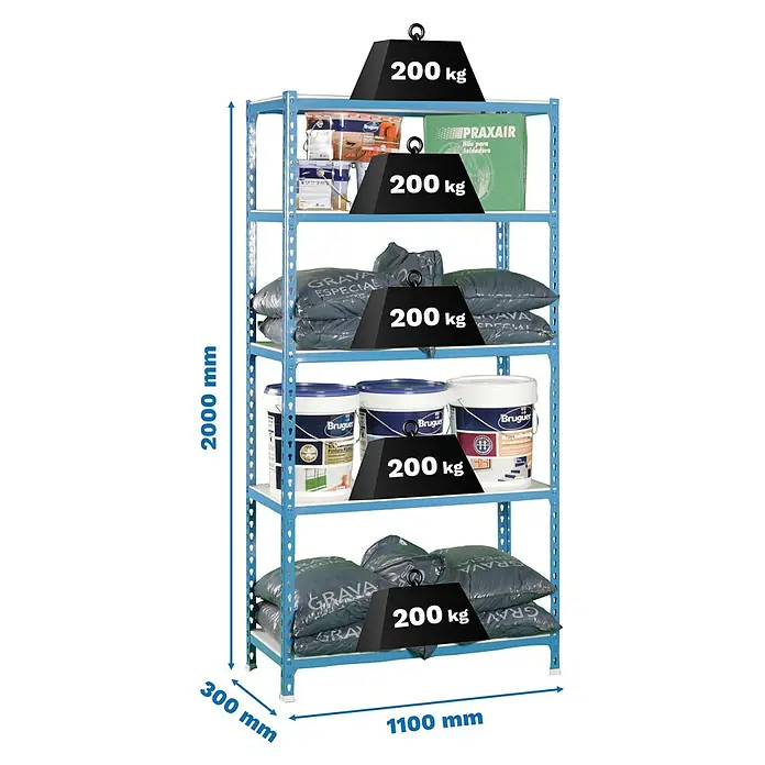 Simonrack Simonclick Estantería metálica Superplus - Al x An x Pr: 200 x 110 x 30 cm, Capacidad de carga por balda: 200 kg, Número de baldas: 5 ud., Inserción, Azul/Blanco - Estantería metálica azul con cinco baldas, cada una con capacidad de 200 kg. Cargada con pintura, grava y otros productos.