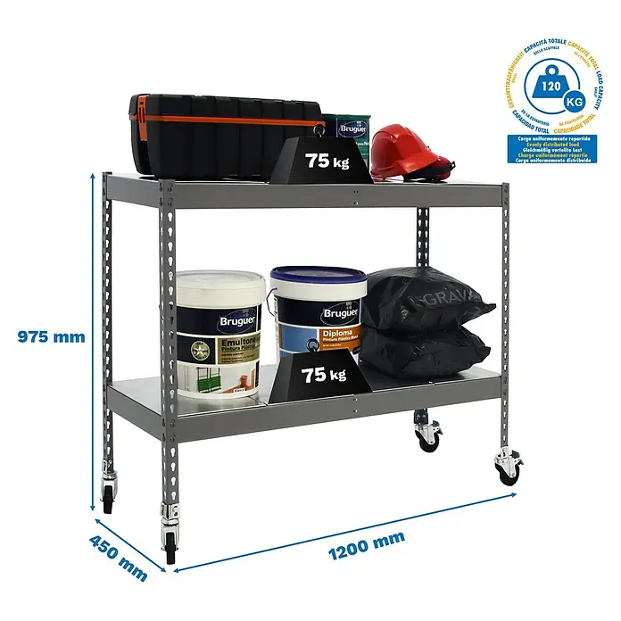 Simonrack Simontaller Metallregal Ecoforte Metall Mobil - H x B x T: 97,5 x 120 x 45 cm, Traglast pro Boden: 75 kg, Anzahl Böden: 2 Stk., Stecken, Grau, Rollen - Regalwagen mit zwei Ebenen, beladen mit Werkzeugkiste, Farbeimern und Sandsäcken, Maße sind sichtbar.