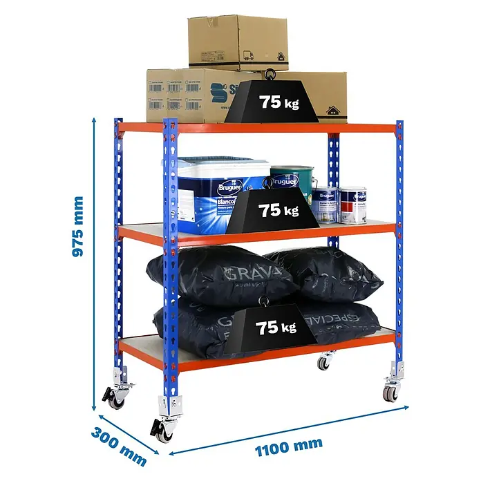 Simonrack Maderclick Estantería metálica Mobile Superplus - Al x An x Pr: 97,5 x 110 x 30 cm, Número de baldas: 3 ud., Inserción, Azul/Naranja - Estantería móvil metálica roja y azul con tres baldas sobre ruedas, mostrando 75 kg de capacidad de carga por balda y dimensiones.