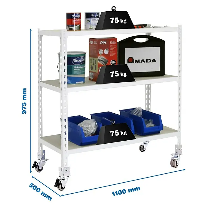 Simonrack Maderclick Estantería metálica Mobile Superplus - Al x An x Pr: 97,5 x 110 x 50 cm, Número de baldas: 3 ud., Inserción, Blanco - Estantería metálica blanca con ruedas y 3 estantes, mostrando objetos y pesos de 75 kg. Medidas: Al 975 mm, Pr 500 mm, An 1100 mm.