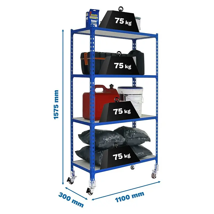 Simonrack Maderclick Estantería metálica Mobile Superplus - Al x An x Pr: 157,5 x 110 x 30 cm, Número de baldas: 4 ud., Inserción, Azul - Estantería metálica azul con ruedas, 1575x1100x300mm. 4 baldas, cada una con capacidad de 75 kg.