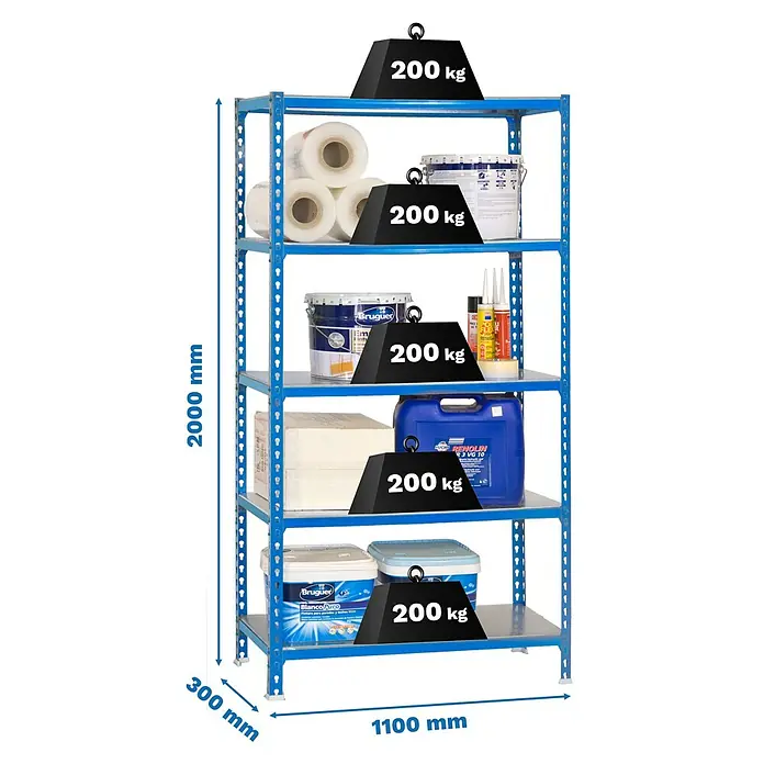 Simonrack Simonclick Estantería metálica Superplus - Al x An x Pr: 200 x 110 x 30 cm, Capacidad de carga por balda: 200 kg, Número de baldas: 5 ud., Inserción, Azul/Galvanizado - Estantería metálica azul con 5 baldas, cada una soporta 200 kg. Medidas: 2000x1100x300 mm.