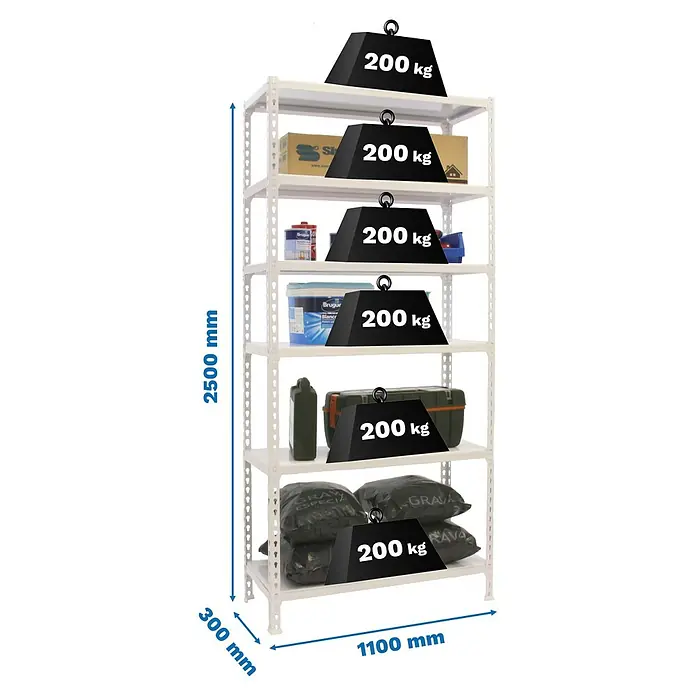 Simonrack Simonclick Metallregal Simonclick Super Plus - H x B x T: 250 x 110 x 30 cm, Traglast pro Boden: 200 kg, Anzahl Böden: 6 Stk., Stecken, Weiß/Weiß - Belastbares Schwerlastregal mit den Maßen 2500 mm Höhe, 300 mm Tiefe und 1100 mm Breite, jede Ebene ist mit 200 kg belastbar.