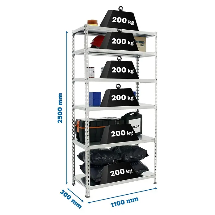 Simonrack Simonclick Metallregal Simonclick Super Plus - H x B x T: 250 x 110 x 30 cm, Traglast pro Boden: 200 kg, Anzahl Böden: 6 Stk., Stecken, Silber/Silber - Abbildung eines Schwerlastregals mit sechs Fächern, das mit bis zu 200 kg pro Fach belastbar ist, in den Maßen 2500 x 1100 x 300 mm.