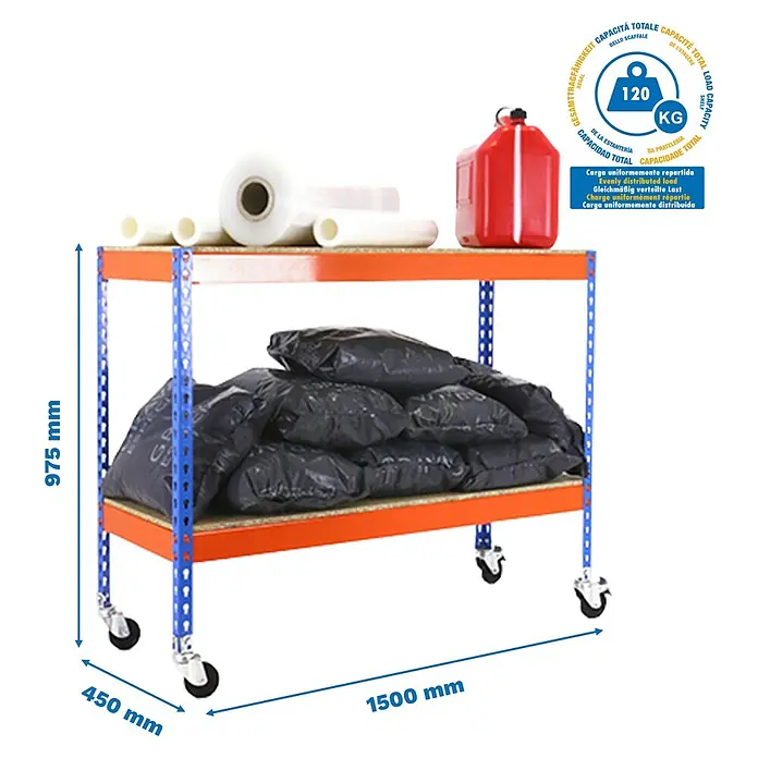 Simonrack Simontaller Metallregal Ecoforte Chipboard Mobil - H x B x T: 97,5 x 150 x 45 cm, Traglast pro Boden: 75 kg, Anzahl Böden: 2 Stk., Stecken, Blau/Orange, Rollen - Abgebildetes Schwerlastregal mit zwei Ebenen, ideal für Werkstatt oder Lager, mit einer Traglast von 120kg pro Ebene.