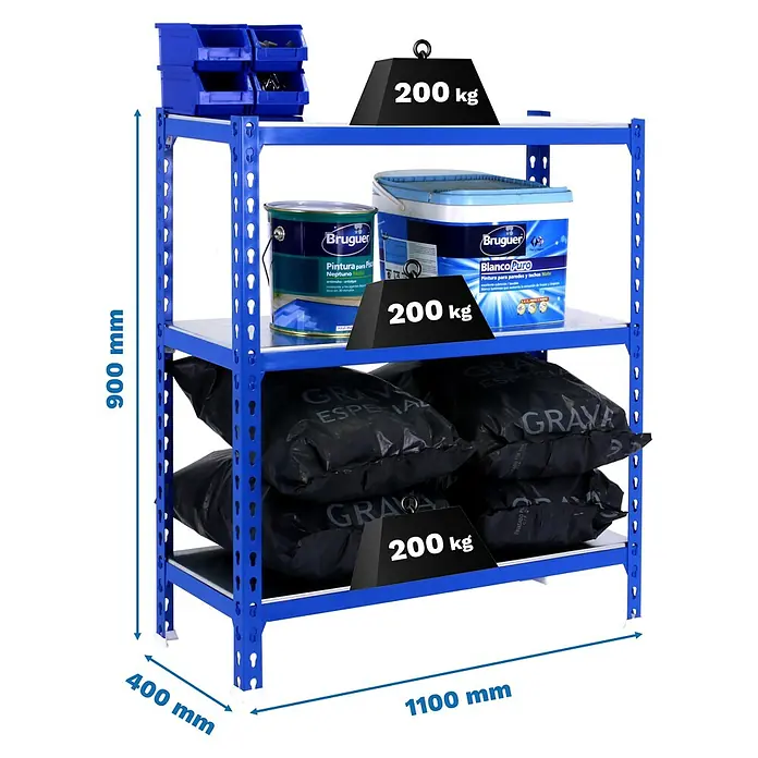 Simonrack Simonclick Metallregal Simonclick Super Plus - H x B x T: 90 x 110 x 40 cm, Traglast pro Boden: 200 kg, Anzahl Böden: 3 Stk., Stecken, Blau/Silber - Das blaue Regal mit drei Ebenen ist mit Farbdosen, Säcken und Aufbewahrungsboxen beladen, wobei jede Ebene mit 200 kg belastet ist.