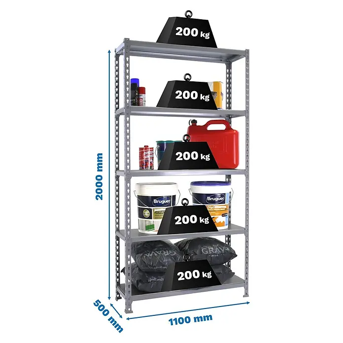 Simonrack Simonclick Metallregal Simonclick Super Plus - H x B x T: 200 x 110 x 50 cm, Traglast pro Boden: 200 kg, Anzahl Böden: 5 Stk., Stecken, Grau/Grau - Ein graues Schwerlastregal mit fünf Ebenen, auf denen Farbeimer und Säcke mit einem Gewicht von je 200 kg abgebildet sind.
