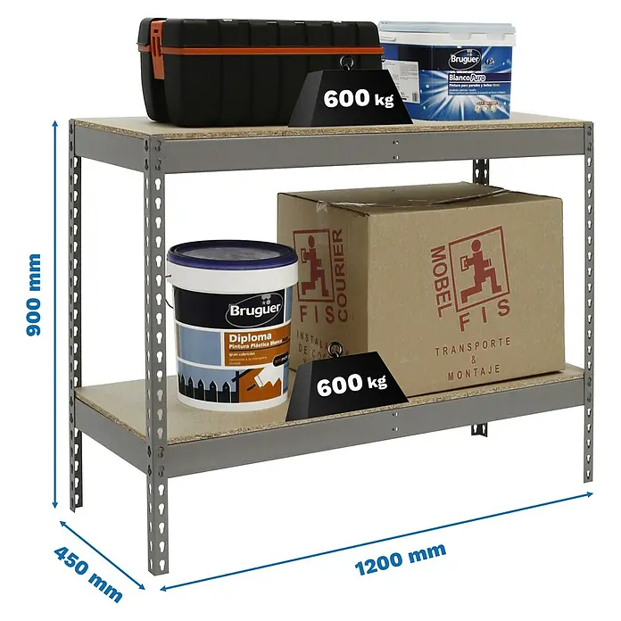 Simonrack Simonforte Schwerlastregal Simonforte Chipboard - H x B x T: 90 x 120 x 45 cm, Traglast pro Boden: 600 kg, Anzahl Böden: 2 Stk., Stecken, Grau - Aufnahme eines Schwerlastregals mit zwei Ebenen, beladen mit Werkzeugkasten, Farbeimer und Karton, Maße sind sichtbar.