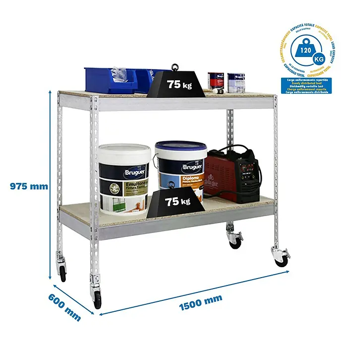 Simonrack Simontaller Metallregal Ecoforte Chipboard Mobil - H x B x T: 97,5 x 150 x 60 cm, Traglast pro Boden: 75 kg, Anzahl Böden: 2 Stk., Stecken, Silber, Rollen - Abbildung eines Rollregals mit zwei Ebenen, beladen mit Farbeimern und Werkzeugen, mit Gewichtsangaben und Abmessungen.