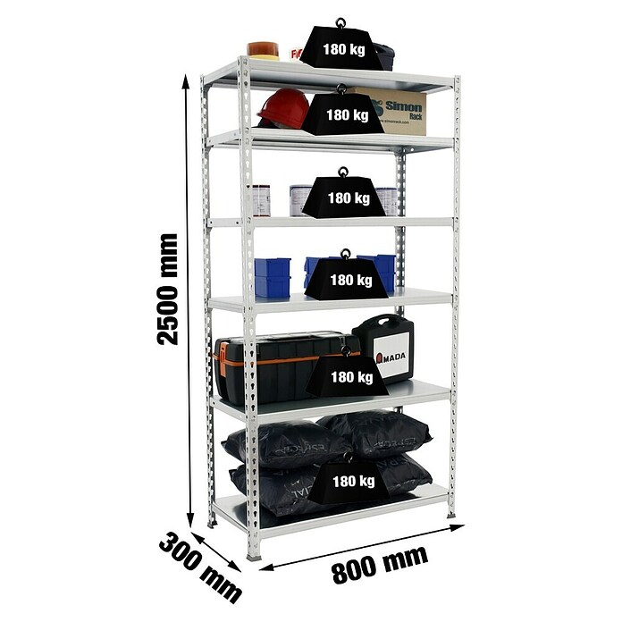 Simonrack Simonclick Metallregal Simonclick Mini (H x B x T: 250 x 80 x 30 cm, Traglast pro Boden: 180 kg, Anzahl Böden: 6 Stk., Stecken, Silber) | BAUHAUS