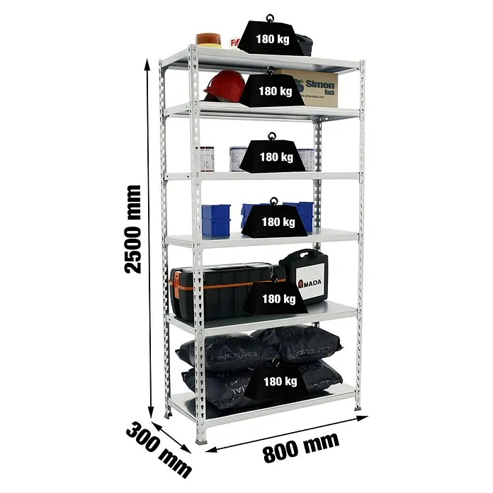Simonrack Simonclick Metallregal Simonclick Mini - H x B x T: 250 x 80 x 30 cm, Traglast pro Boden: 180 kg, Anzahl Böden: 6 Stk., Stecken, Silber/Silber - Abbildung eines silbernen Schwerlastregals mit sechs Ebenen, das mit verschiedenen Artikeln und Gewichten von 180 kg beladen ist.