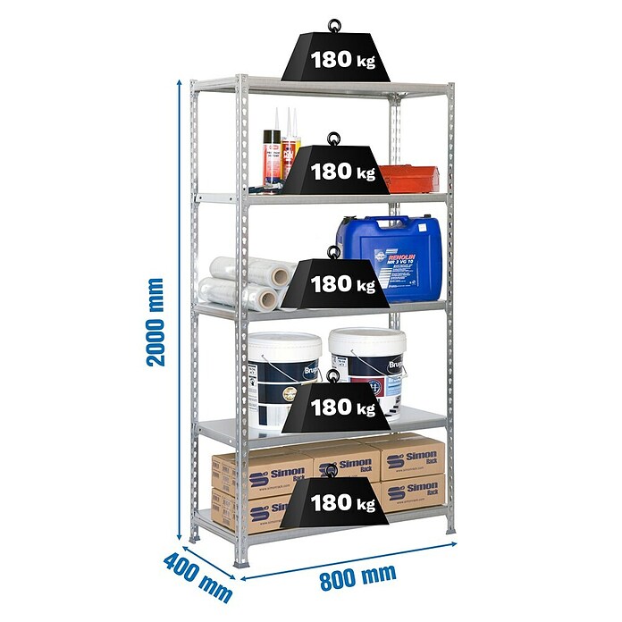 Simonrack Simonclick Metallregal Simonclick Mini (H x B x T: 180 x 80 x 40 cm, Traglast pro Boden: 180 kg, Anzahl Böden: 5 Stk., Stecken, Grau) | BAUHAUS