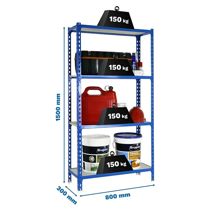Simonrack Maderclick Metallregal Maderclick Mini - H x B x T: 150 x 80 x 30 cm, Traglast pro Boden: 150 kg, Anzahl Böden: 4 Stk., Stecken, Blau - Produktbild eines blauen Lagerregals mit vier Ebenen, beladen mit verschiedenen Gegenständen und Gewichten, Größenangaben sind sichtbar.