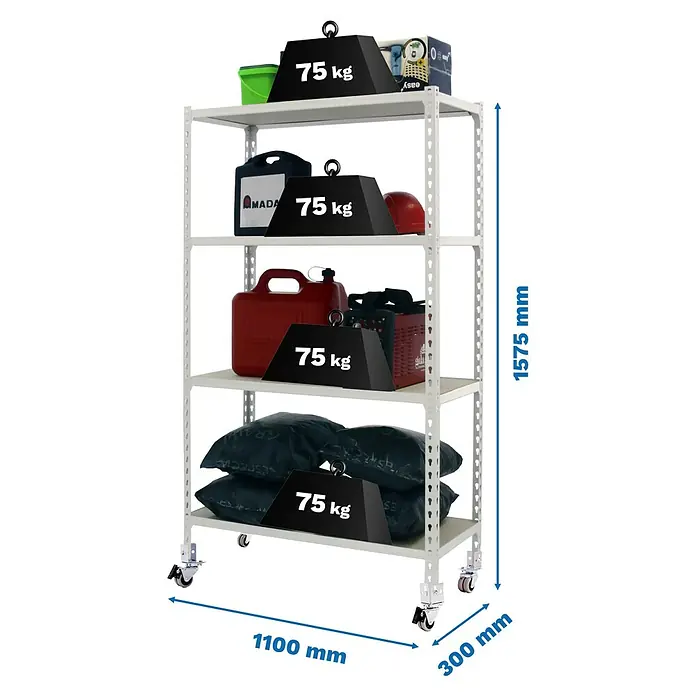 Simonrack Maderclick Estantería metálica Mobile Superplus - Al x An x Pr: 157,5 x 110 x 30 cm, Número de baldas: 4 ud., Inserción, Blanco - Estantería metálica blanca de 4 baldas con ruedas, 1100x300x1575mm, cada balda soporta 75 kg.
