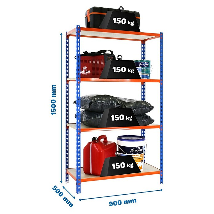 Simonrack Maderclick Metallregal Maderclick (H x B x T: 150 x 90 x 50 cm, Traglast pro Boden: 150 kg, Anzahl Böden: 4 Stk., Stecken, Blau/Orange) | BAUHAUS