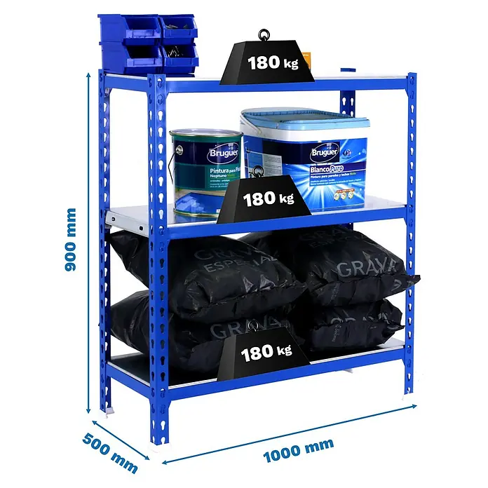 Simonrack Simonclick Metallregal Simonclick Plus - H x B x T: 90 x 100 x 50 cm, Traglast pro Boden: 180 kg, Anzahl Böden: 3 Stk., Stecken, Blau/Silber - Ein blaues Regal mit drei Ebenen, beladen mit Farbe, Baustoffen und Werkzeugbehältern. Es ist mit Gewichten als Belastungstest versehen.