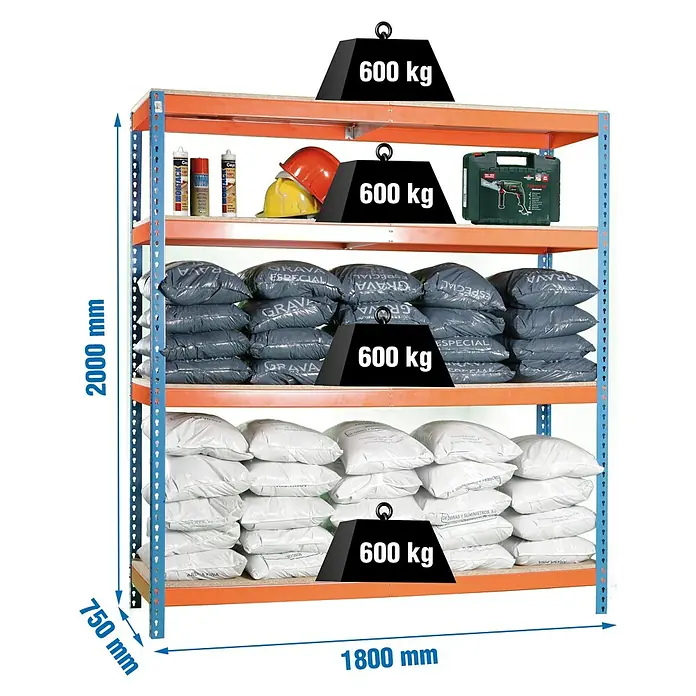 Simonrack Simonforte Schwerlastregal Simonforte Chipboard - H x B x T: 200 x 180 x 75 cm, Traglast pro Boden: 600 kg, Anzahl Böden: 4 Stk., Stecken, Blau/Orange - Vierstöckiges Schwerlastregal mit einer Tragfähigkeit von 600 kg pro Ebene, beladen mit Sandsäcken und Werkzeugen.