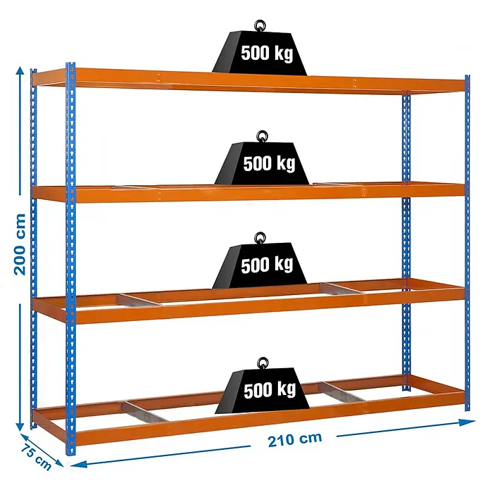 Simonrack Simonforte Estantería para cargas pesadas - Al x An x Pr: 200 x 210 x 75 cm, Número de baldas: 4 ud., Inserción, Azul/Naranja, Capacidad de carga por balda: 500 kg - Estantería industrial azul y naranja de 4 niveles, 200x210x75 cm, cada nivel soporta 500 kg.