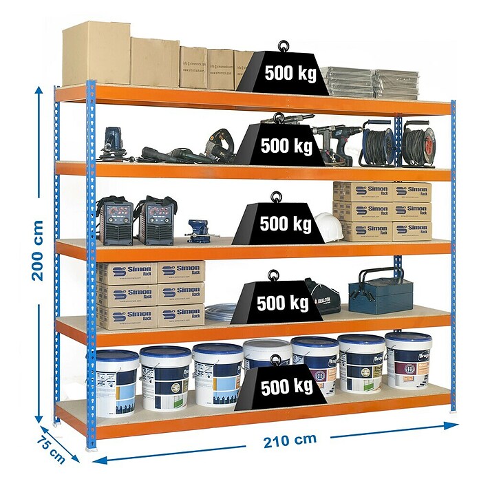 Simonrack Simonforte Schwerlastregal Simonforte Chipboard (H x B x T: 200 x 210 x 75 cm, Traglast pro Boden: 500 kg, Anzahl Böden: 5 Stk., Stecken, Blau/Orange) | BAUHAUS