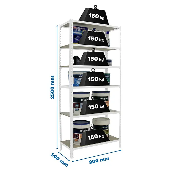 Simonrack Maderclick Metallregal Maderclick - H x B x T: 250 x 90 x 50 cm, Traglast pro Boden: 150 kg, Anzahl Böden: 6 Stk., Stecken, Weiß - Aufnahme eines weißen Regals mit mehreren Ablagen und einer Gewichtsbeschriftung von 150 kg auf jeder Ablage zur Gewichtsbelastung.