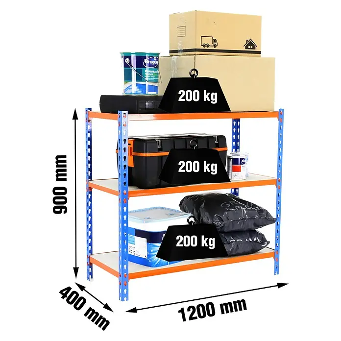 Simonrack Maderclick Estantería metálica Megaplus - Al x An x Pr: 90 x 120 x 40 cm, Capacidad de carga por balda: 200 kg, Número de baldas: 3 ud., Inserción, Azul/Naranja/Madera - Estantería metálica azul y naranja con 3 baldas, cada una con 200 kg de capacidad. Medidas: 900x1200x400 mm (alto x ancho x fondo).