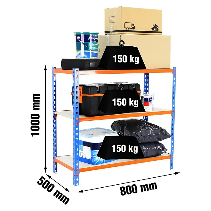 Simonrack Maderclick Metallregal Maderclick Mini - H x B x T: 100 x 80 x 50 cm, Traglast pro Boden: 150 kg, Anzahl Böden: 3 Stk., Stecken, Blau/Orange - Abbildung eines blauen und orangen Lagerregals mit drei Ebenen, gefüllt mit Farbeimern, Werkzeugkästen und Kartons, inklusive Größenangaben.