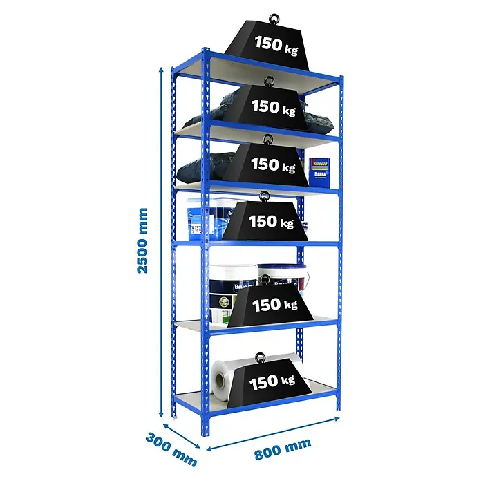 Simonrack Maderclick Metallregal Maderclick Mini - H x B x T: 250 x 80 x 30 cm, Traglast pro Boden: 150 kg, Anzahl Böden: 6 Stk., Stecken, Blau - Ein blaues Schwerlastregal mit sechs Böden, die jeweils mit Gewichten und verschiedenen Gegenständen wie Farbeimern beladen sind.