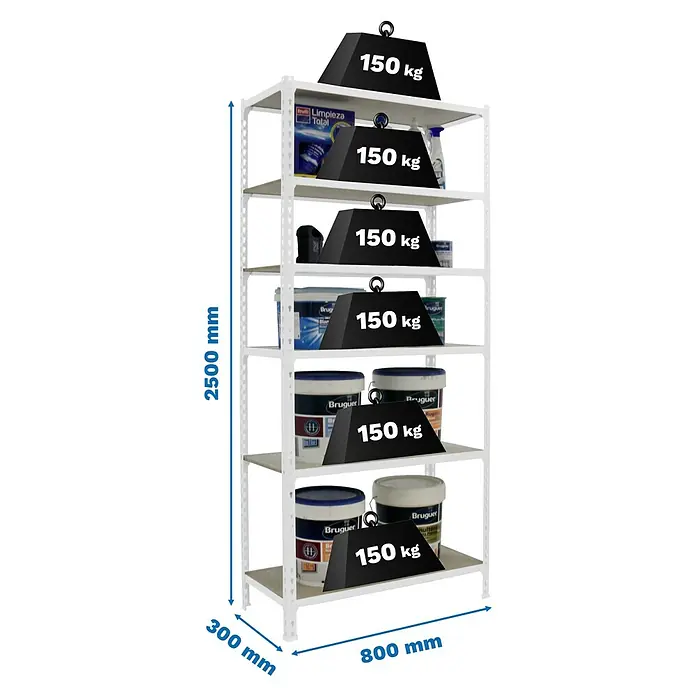 Simonrack Maderclick Metallregal Maderclick Mini - H x B x T: 250 x 80 x 30 cm, Traglast pro Boden: 150 kg, Anzahl Böden: 6 Stk., Stecken, Weiß - Ein weißes Regal mit sechs Ablagen ist mit verschiedenen Artikeln und schwarzen Gewichten mit der Aufschrift "150 kg" beladen.