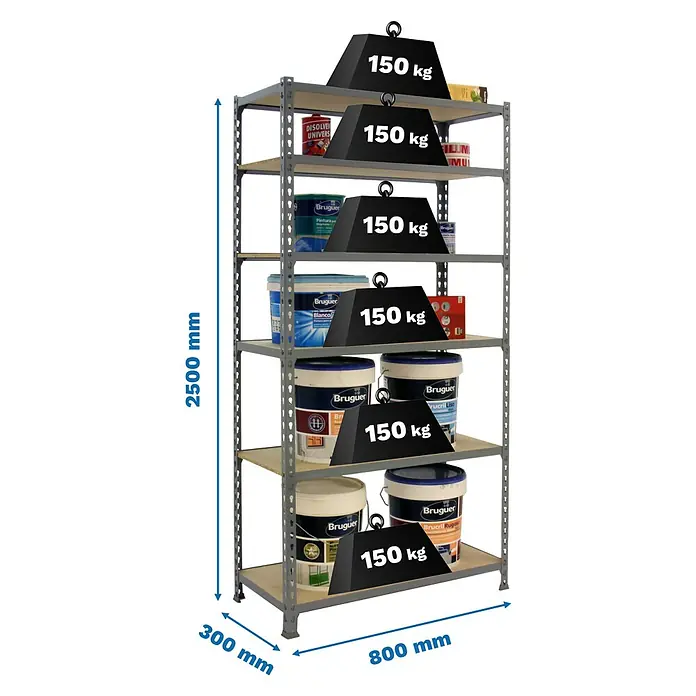 Simonrack Maderclick Metallregal Maderclick Mini - H x B x T: 250 x 80 x 30 cm, Traglast pro Boden: 150 kg, Anzahl Böden: 6 Stk., Stecken, Grau - Ein voll beladenes Schwerlastregal mit Farbeimern und Gewichten, das seine Stabilität und Belastbarkeit demonstriert.