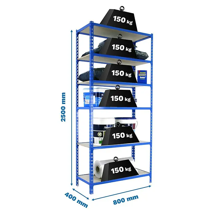 Simonrack Maderclick Metallregal Maderclick Mini - H x B x T: 250 x 80 x 40 cm, Traglast pro Boden: 150 kg, Anzahl Böden: 6 Stk., Stecken, Blau - Nahaufnahme eines blauen Schwerlastregals mit sechs Ebenen, das mit verschiedenen Gegenständen und Gewichten von 150 kg beladen ist.