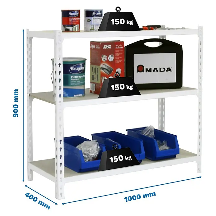 Simonrack Maderclick Metallregal Maderclick Plus - H x B x T: 90 x 100 x 40 cm, Traglast pro Boden: 150 kg, Anzahl Böden: 3 Stk., Stecken, Weiß - Ein weißes Regal mit drei Ebenen, beladen mit verschiedenen Gegenständen und dem Hinweis auf eine Traglast von 150 kg pro Ebene.