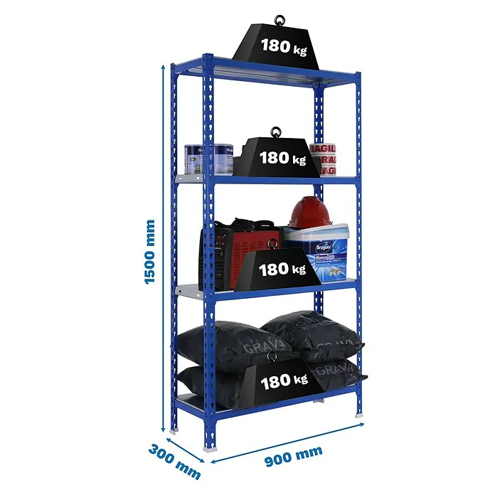Simonrack Simonclick Metallregal Simonclick Plus - H x B x T: 150 x 90 x 30 cm, Traglast pro Boden: 180 kg, Anzahl Böden: 4 Stk., Stecken, Blau/Silber - Abbildung eines blauen Metallregals mit vier Ablagen, das mit verschiedenen Artikeln und Gewichten von 180 kg beladen ist.