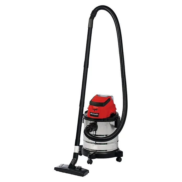 Einhell PXC 18V Akku-Nass-Trockensauger TC-VC 18/20 Li S-Solo - 18 V, Ohne Akku, Behältervolumen: 20 l - Abbildung eines Einhell Nass-Trockensaugers mit rotem Motor und silbernem Behälter, komplett mit Schlauch und Bodendüse.