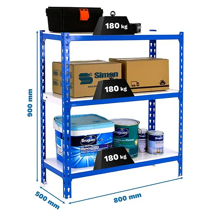 Simonrack Simonclick Metallregal Simonclick Mini - H x B x T: 90 x 80 x 50 cm, Traglast pro Boden: 180 kg, Anzahl Böden: 3 Stk., Stecken, Blau/Weiß - Ein blaues Regal mit drei Ebenen, beladen mit Werkzeugkasten, Kartons und Farbeimern, wobei jede Ebene mit 180 kg belastet ist.