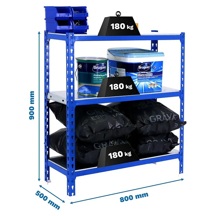 Simonrack Simonclick Metallregal Simonclick Mini - H x B x T: 90 x 80 x 50 cm, Traglast pro Boden: 180 kg, Anzahl Böden: 3 Stk., Stecken, Blau/Silber - Ein blaues Regal mit drei Ebenen, beladen mit Farbeimern, Säcken und Werkzeugkästen, wobei jede Ebene mit 180 kg belastet ist.